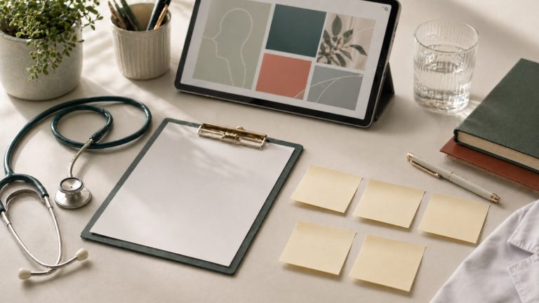 Estetoscópio, clipboard em branco, tablet com layout abstrato e sticky notes sobre mesa clara, simbolizando o universo do consultório clínico.