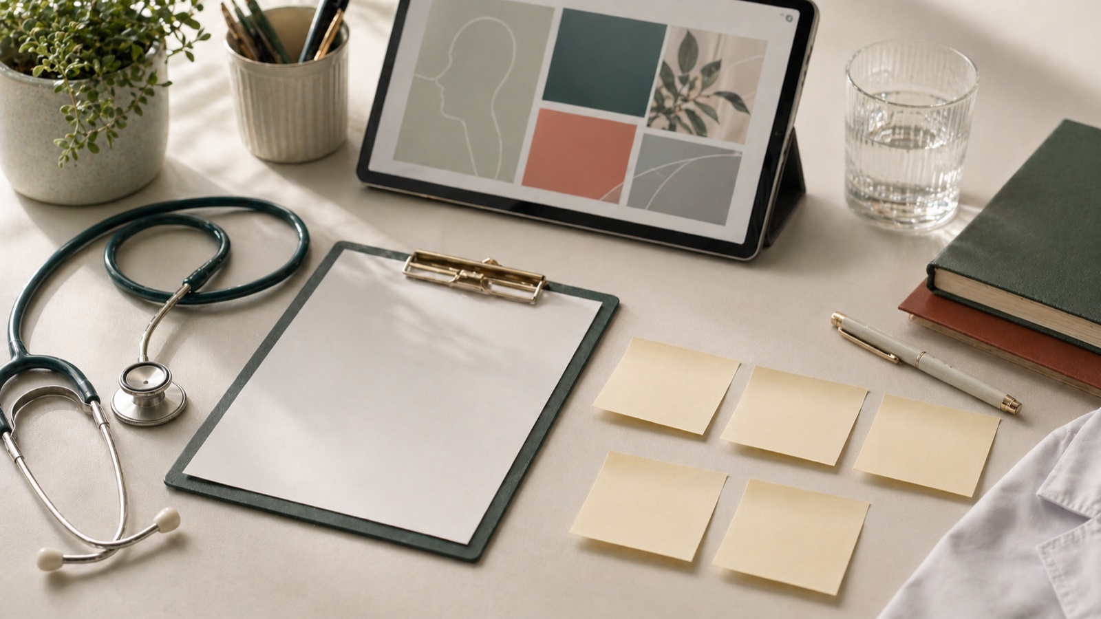 Estetoscópio, clipboard em branco, tablet com layout abstrato e sticky notes sobre mesa clara, simbolizando o universo do consultório clínico.