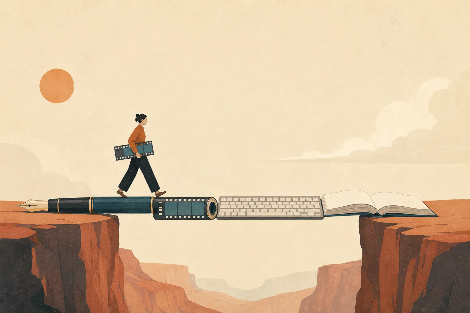 Ilustração editorial: pessoa atravessa um desfiladeiro sobre uma ponte feita de caneta-tinteiro, rolo de filme, teclado e livro aberto