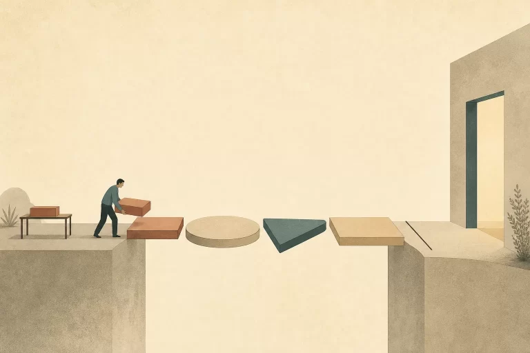 Pessoa constrói uma ponte de quatro formas entre uma bancada de trabalho e uma porta aberta.