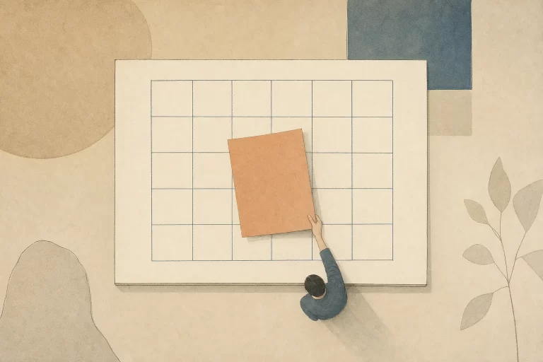 Ilustração editorial minimalista vista de cima de uma mão pousando uma folha terracota sólida sobre uma grade vazia de calendário, antes de qualquer célula ser preenchida