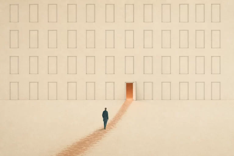 Ilustração editorial minimalista de uma parede de portas idênticas, uma única porta entreaberta com luz quente e uma figura solitária caminhando por uma trilha desgastada até ela