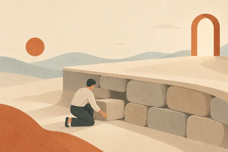 Ilustração de um homem ajoelhado que encaixa a última pedra na estrutura escondida sob um caminho de areia que leva a um arco