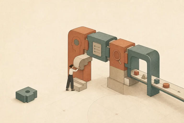 Pessoa encaixa uma peça em uma estrutura modular que conduz objetos menores, enquanto uma peça isolada permanece fora do sistema.