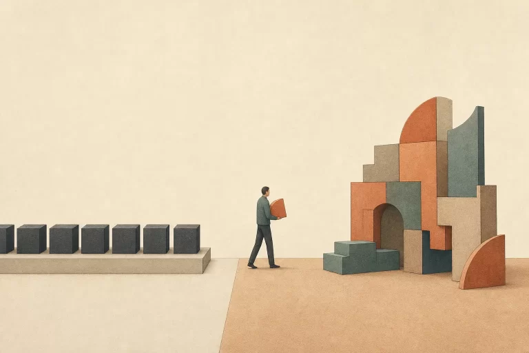 Pessoa leva uma peça singular de uma fileira de blocos idênticos para uma estrutura construída com formas diferentes.