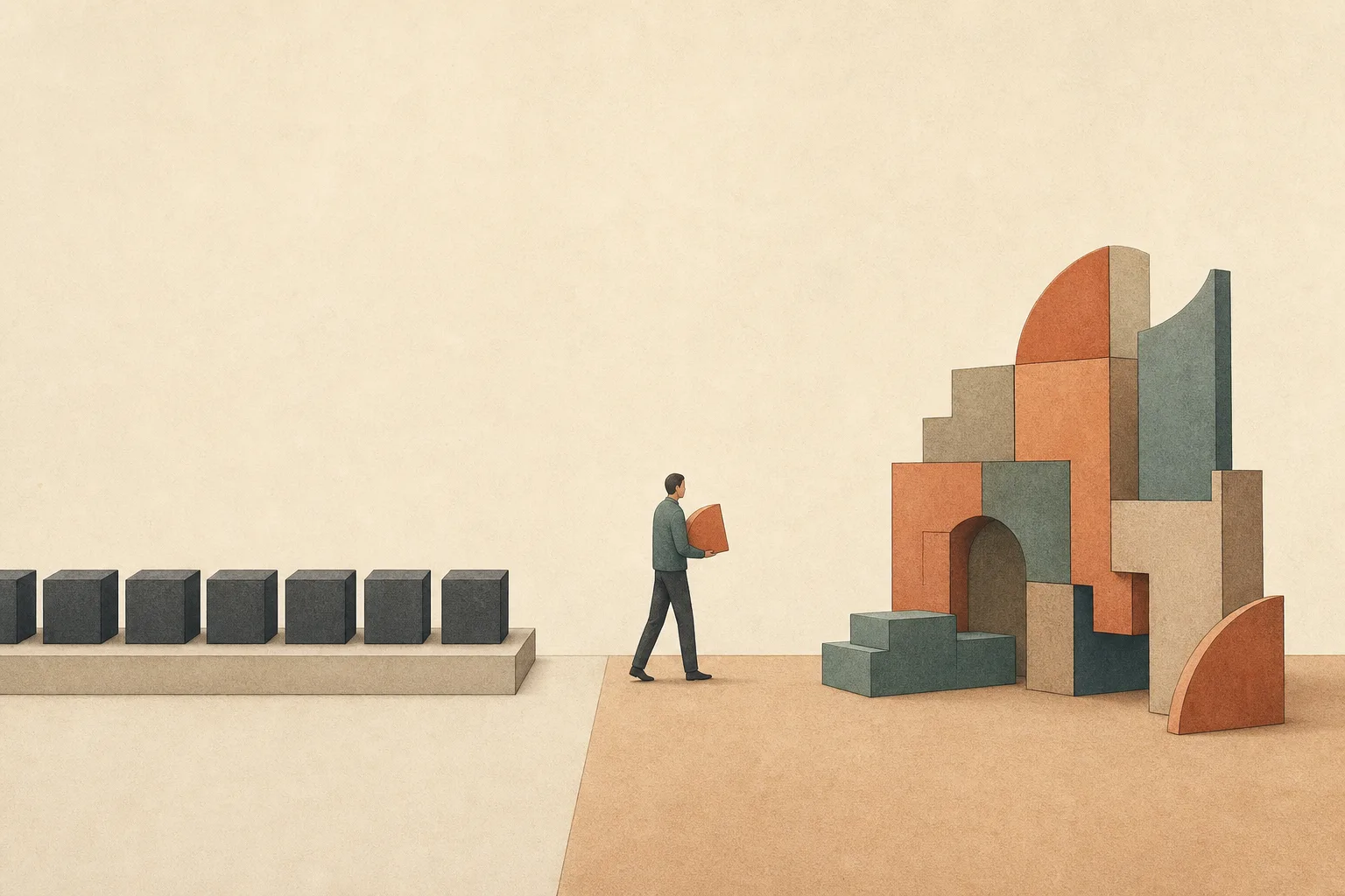 Pessoa leva uma peça singular de uma fileira de blocos idênticos para uma estrutura construída com formas diferentes.
