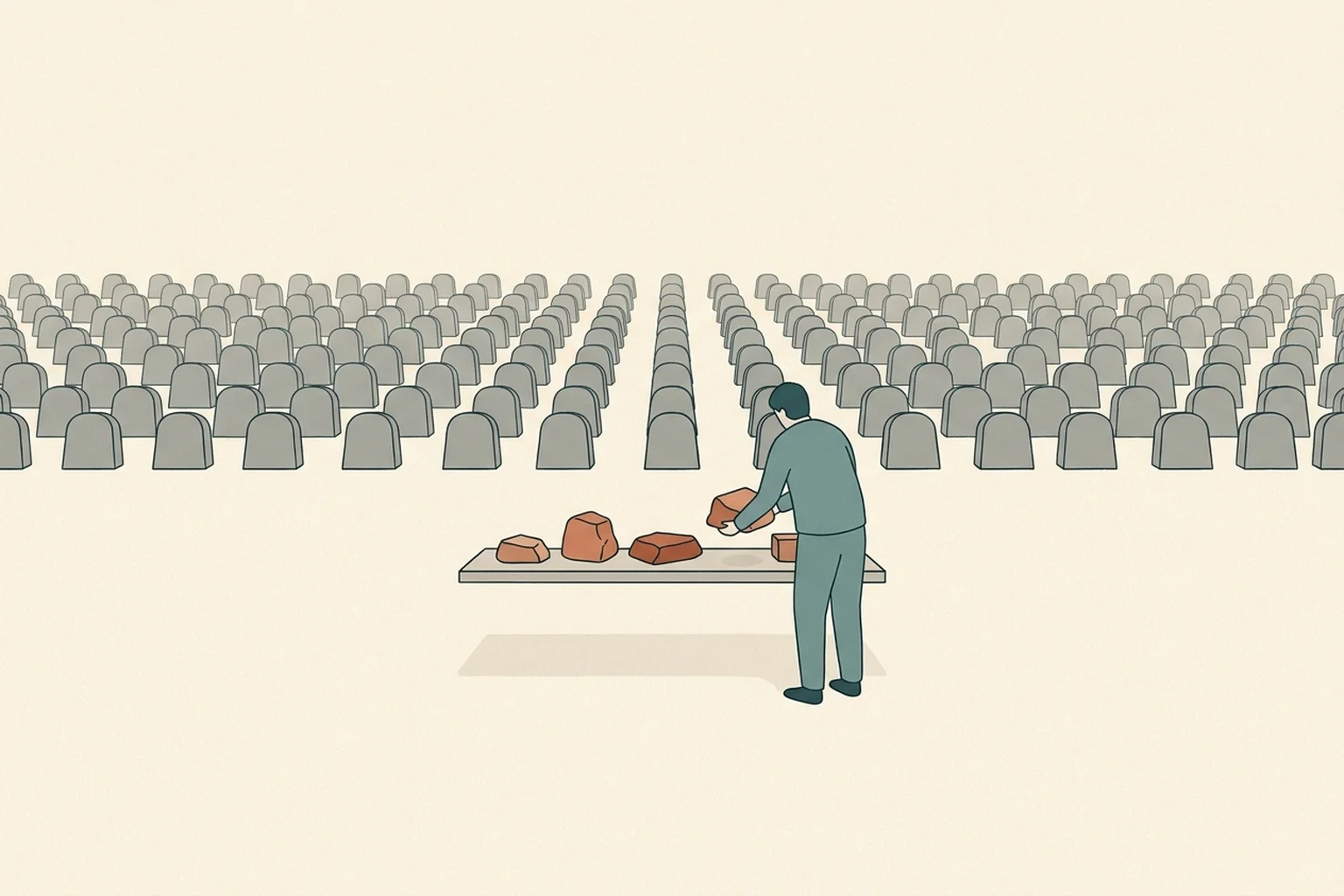 Ilustração editorial de uma figura organizando blocos de terracota, afastada de uma malha de formas cinzentas idênticas