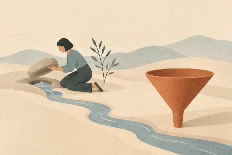 Mulher tira a pedra que entupia uma nascente e a água volta a correr, ao lado de um funil decorativo seco